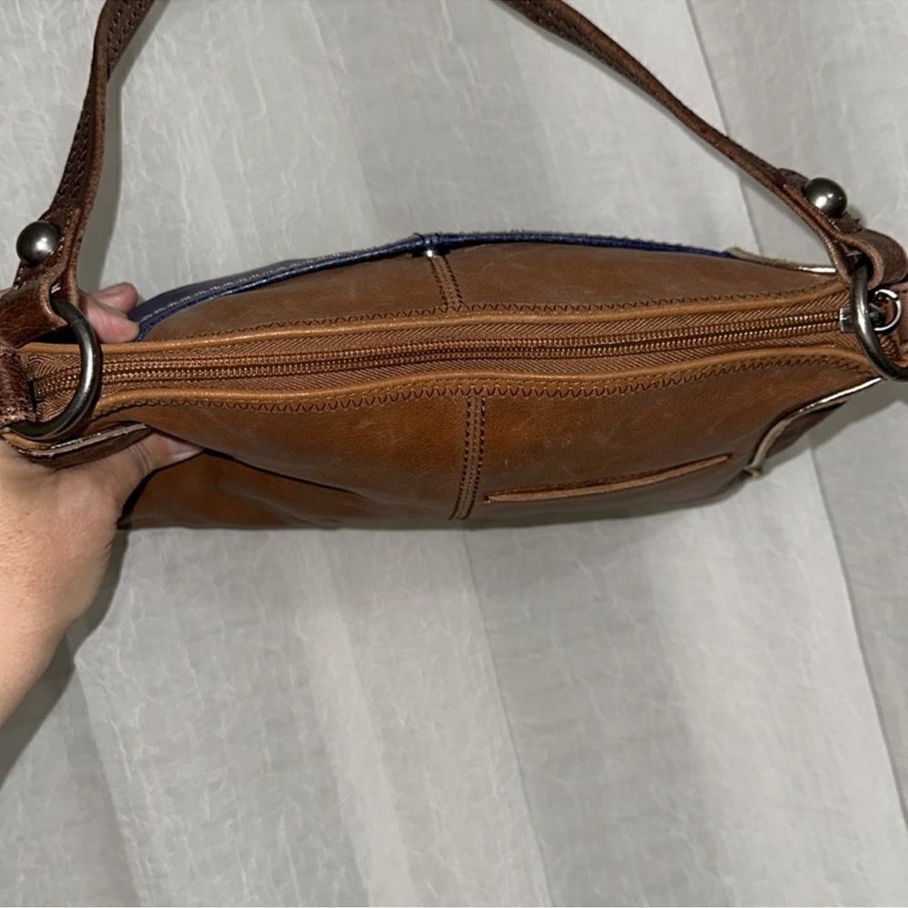 The Sak Blue Brown Gold Trim Genuine Leather Hobo Purse - Picture 10 of 16